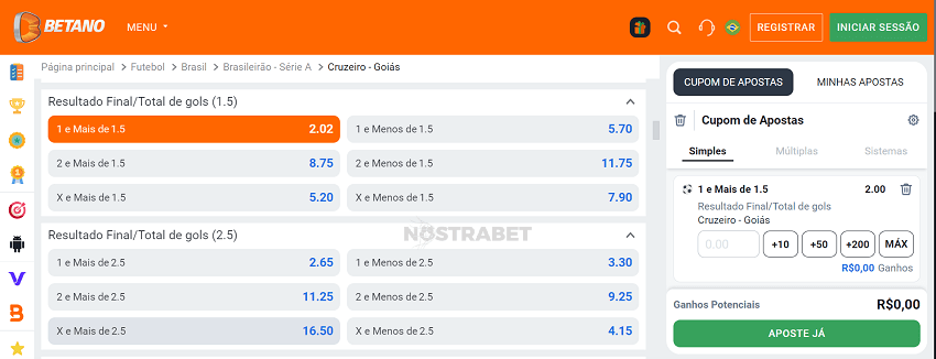 Empate e Mais de 1.5 Betano