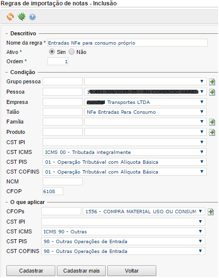 significado cfop 1556