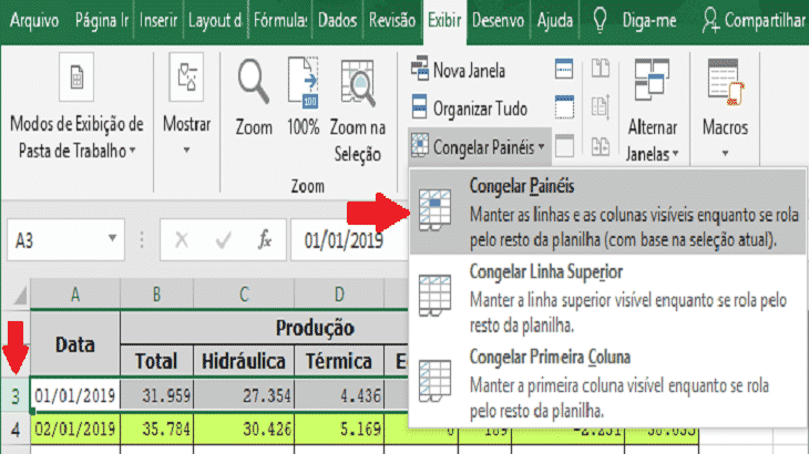 como faz para congelar uma coluna no excel