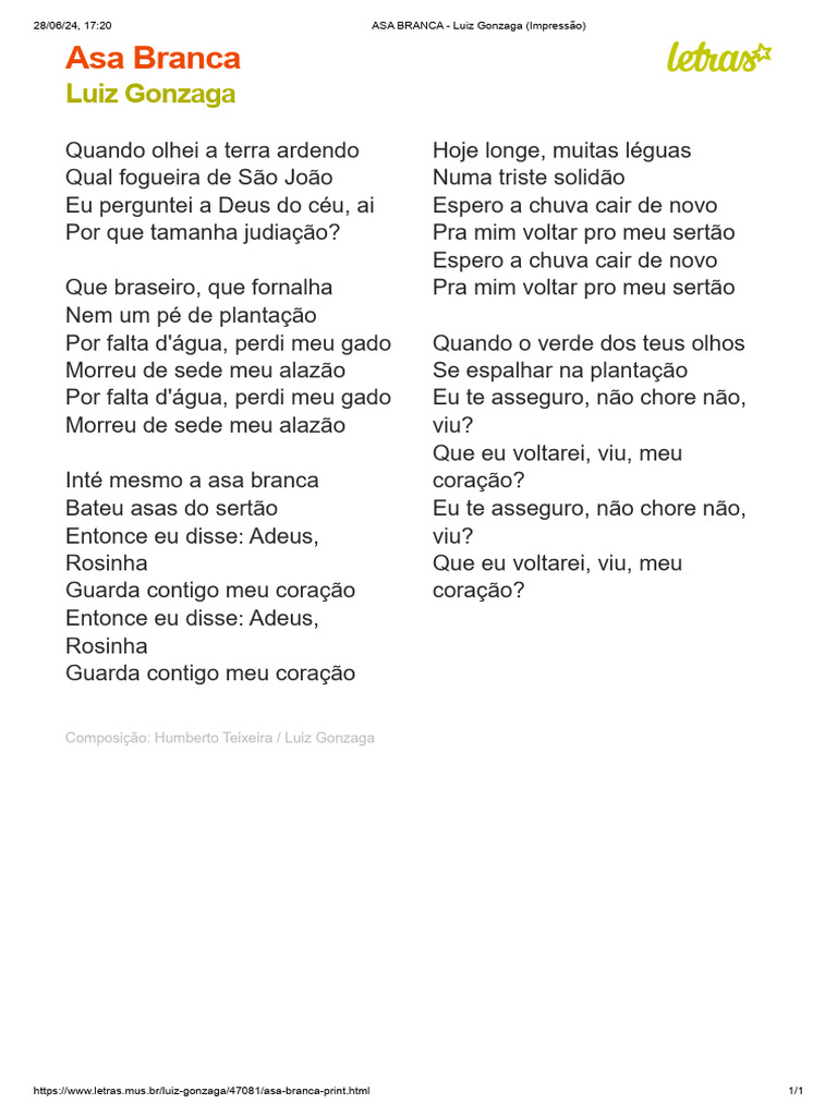 letra da música asa branca para imprimir
