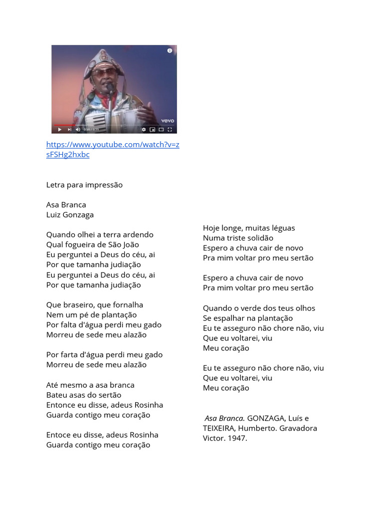 letra Asa Branca para imprimir com análise poética