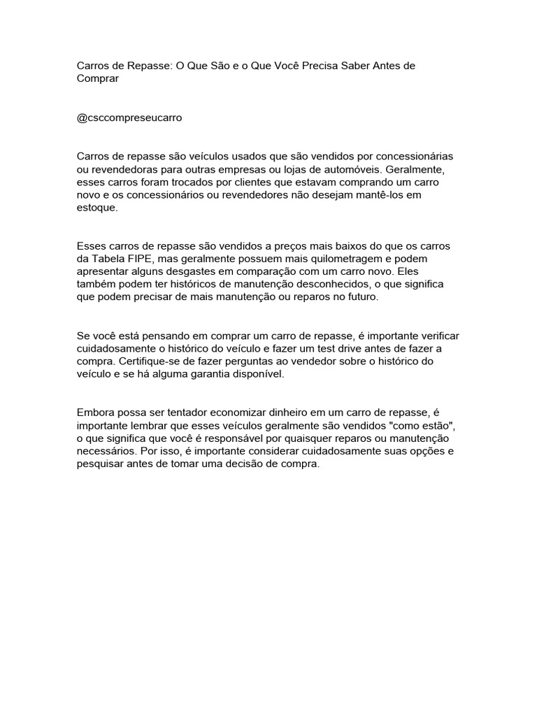 O que é carro de repasse