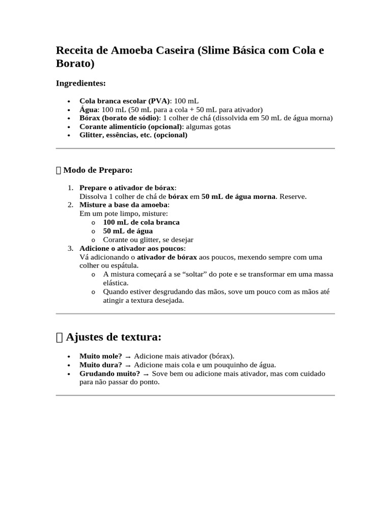 amoeba com cola branca sem bicarbonato de sodio