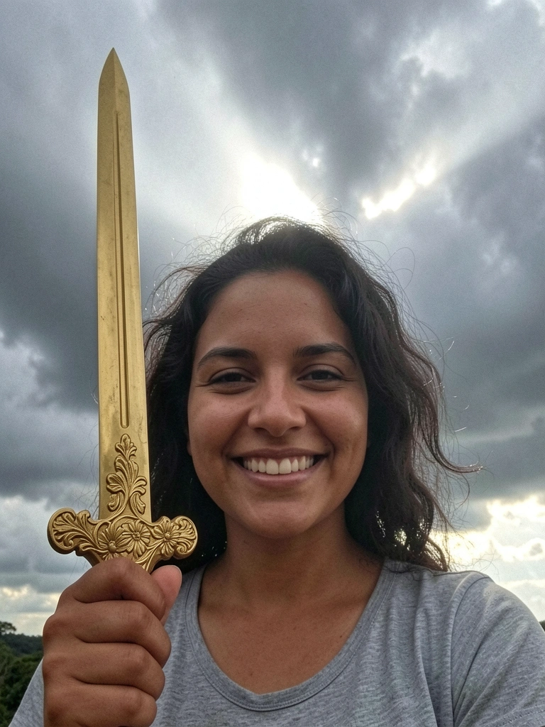 Espada vertical com lâmina brilhante, nuvens se abrindo e luz intensa ao fundo.