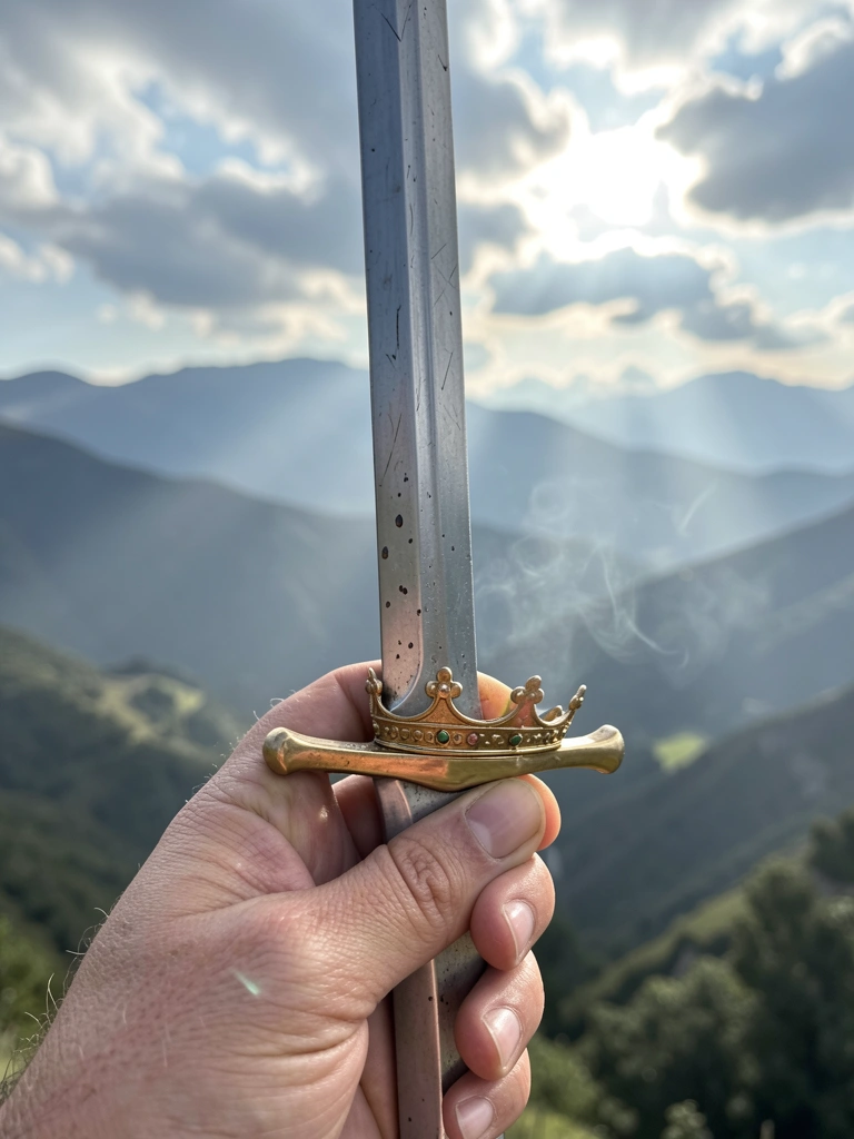 Mão segurando uma espada vertical com uma coroa, raios de luz ao redor e montanhas ao fundo.