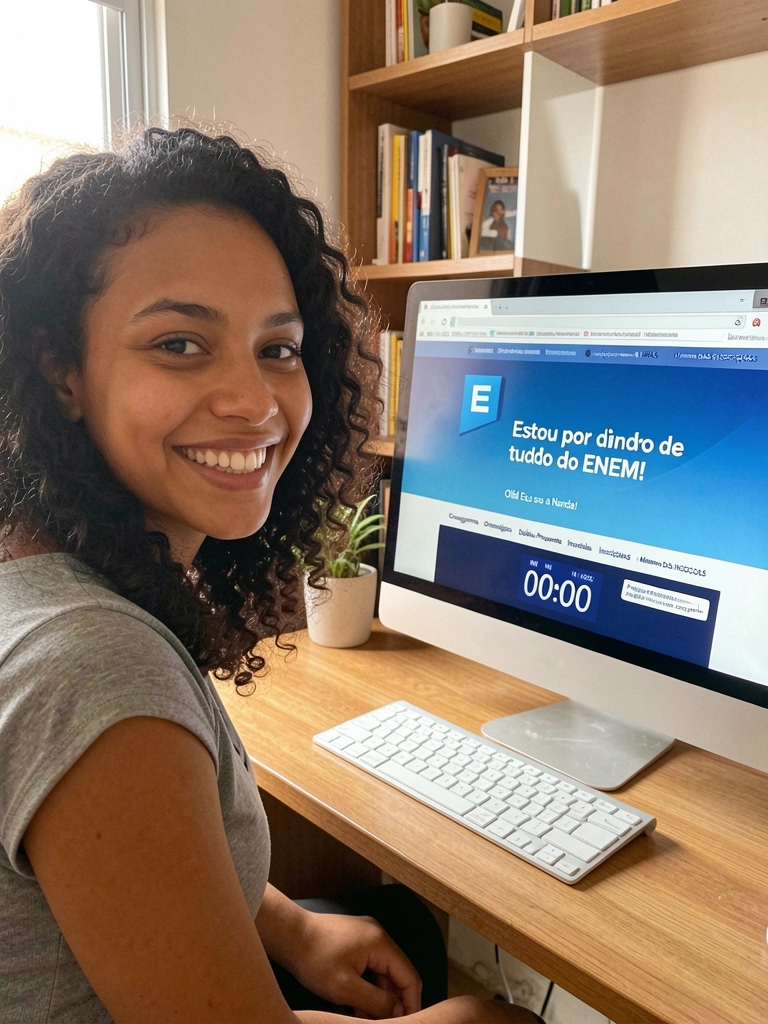 Estudante em frente ao computador acessando um portal de estudos
