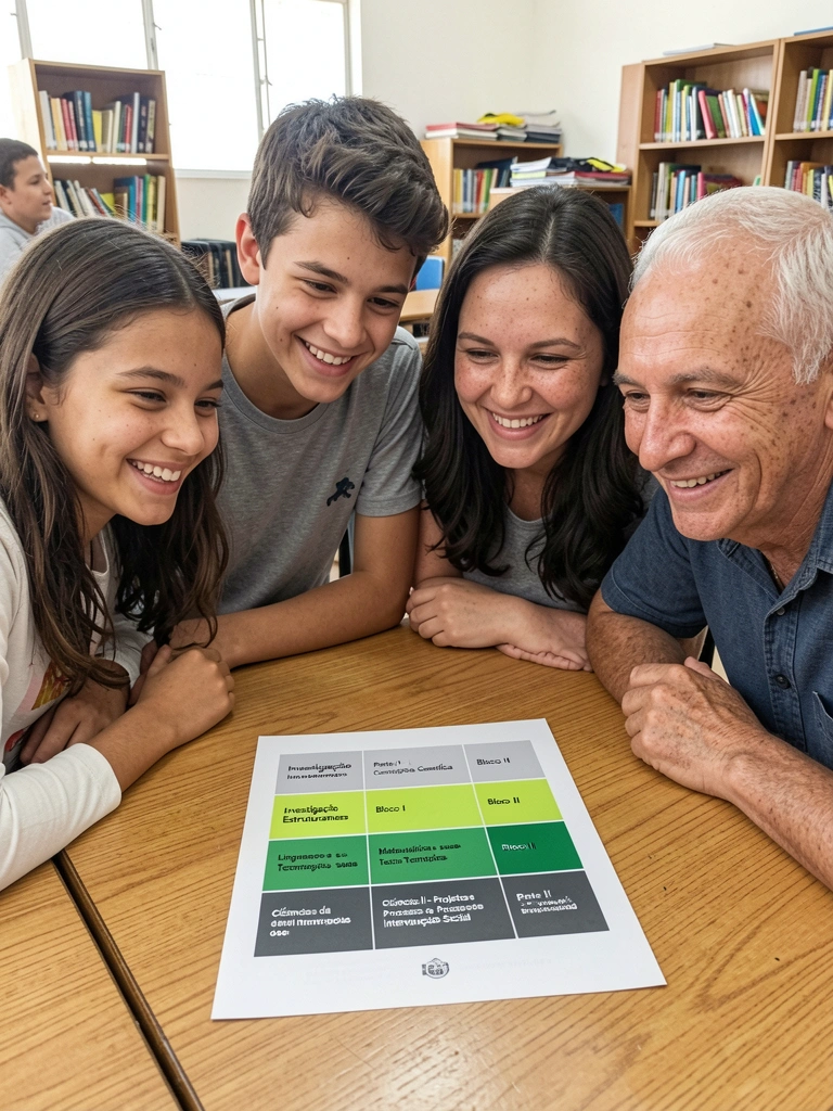 Grupo de estudantes e familiares conversando em um corredor escolar