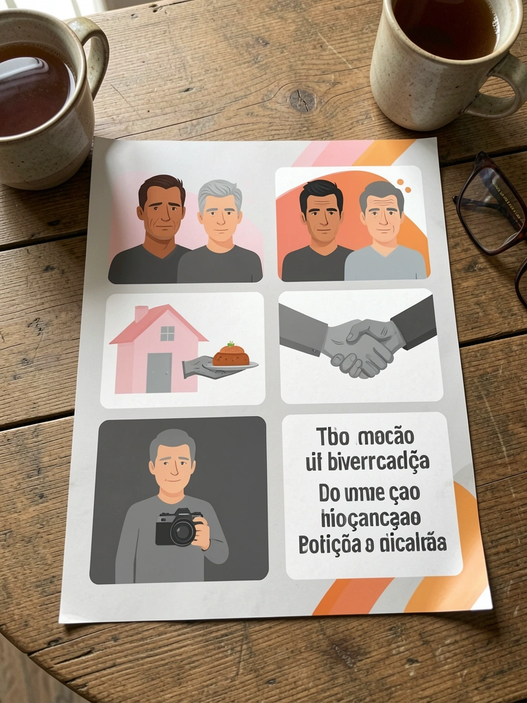 Dois quadros lado a lado: um com aperto de mãos e outro com documentos e balança da justiça.