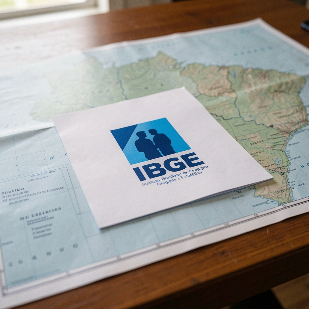 Logo do IBGE sobreposto a um mapa do Brasil em tons de azul
