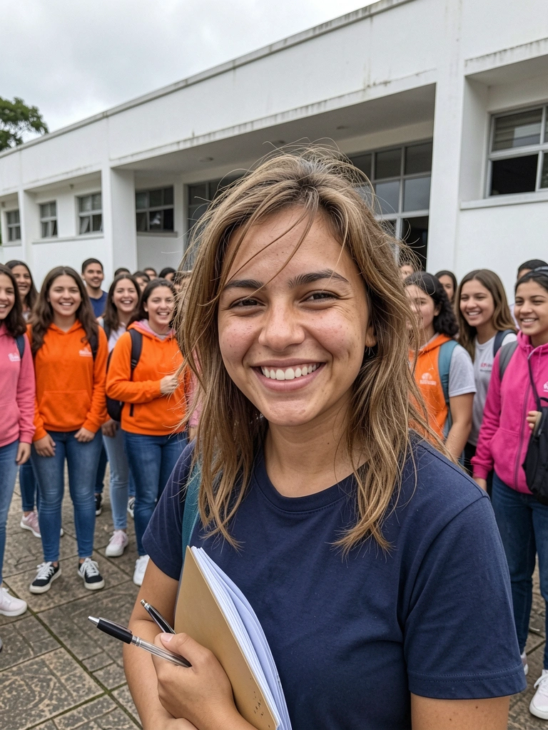 Fachada de universidade com estudantes reunidos durante mutirão de vestibular