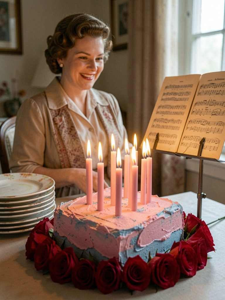 Mulher com vestido vintage ao lado de partitura musical em ambiente retrô
