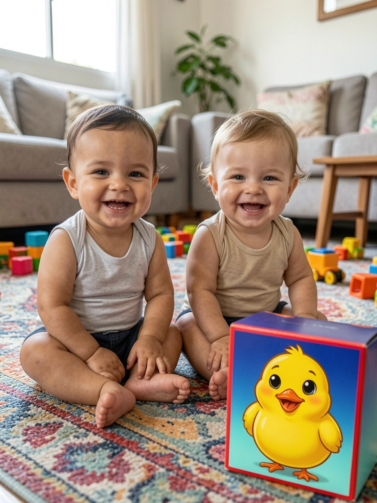 Bebês e crianças sorrindo com um pintinho amarelo animado no canto