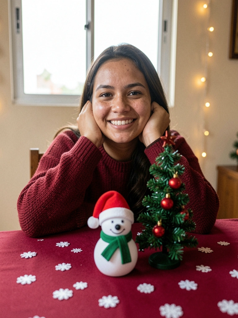 Mesa de ceia de Natal com taças, velas e detalhes em dourado, ao fundo um violão apoiado na parede