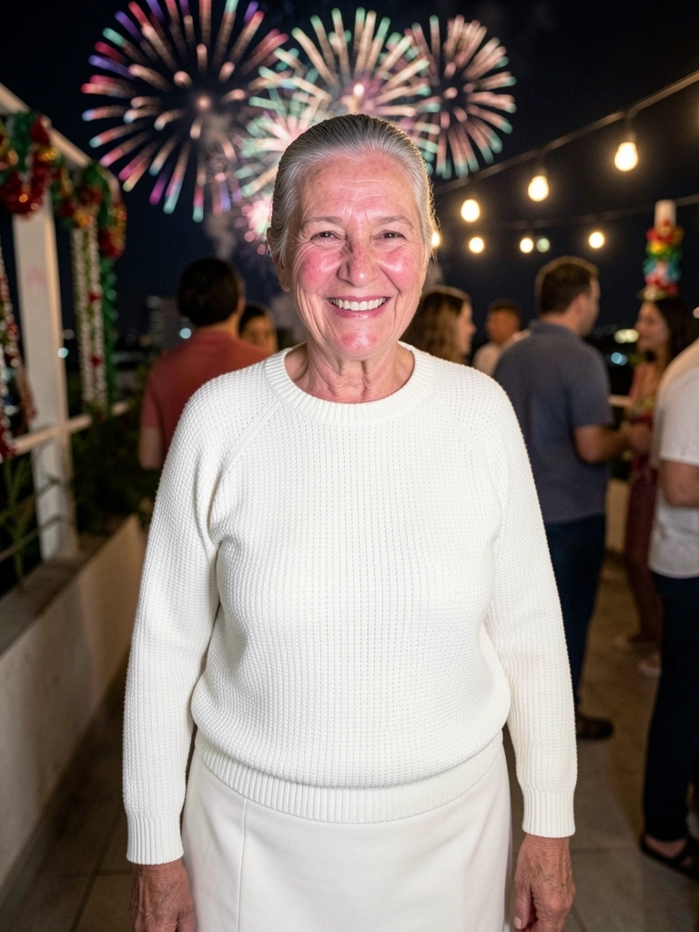 Pessoa vestida de branco em festa de réveillon com fogos de artifício ao fundo