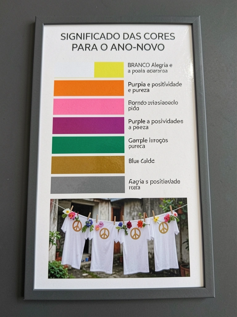 Camisa branca com estampas de símbolo da paz e flores pendurada em cabide