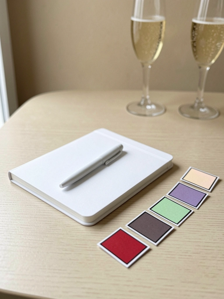Caderno aberto e caneta branca sobre mesa clara, iluminação suave