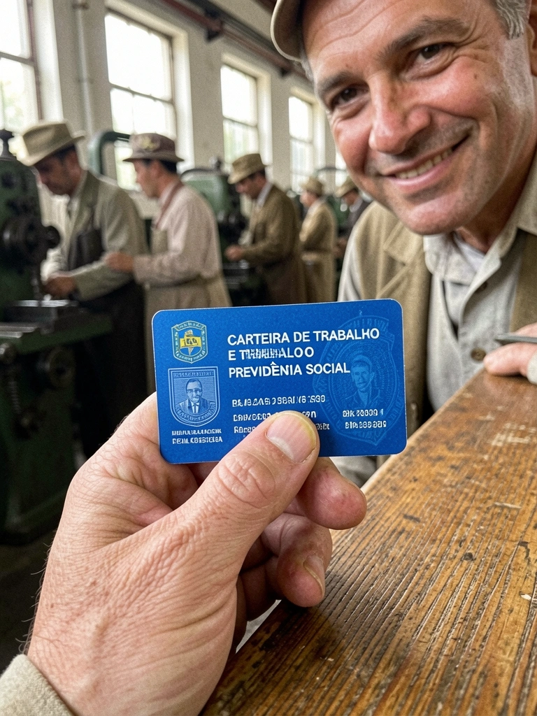 Trabalhadores em uma fábrica na década de 1940, com máquinas e iluminação industrial.