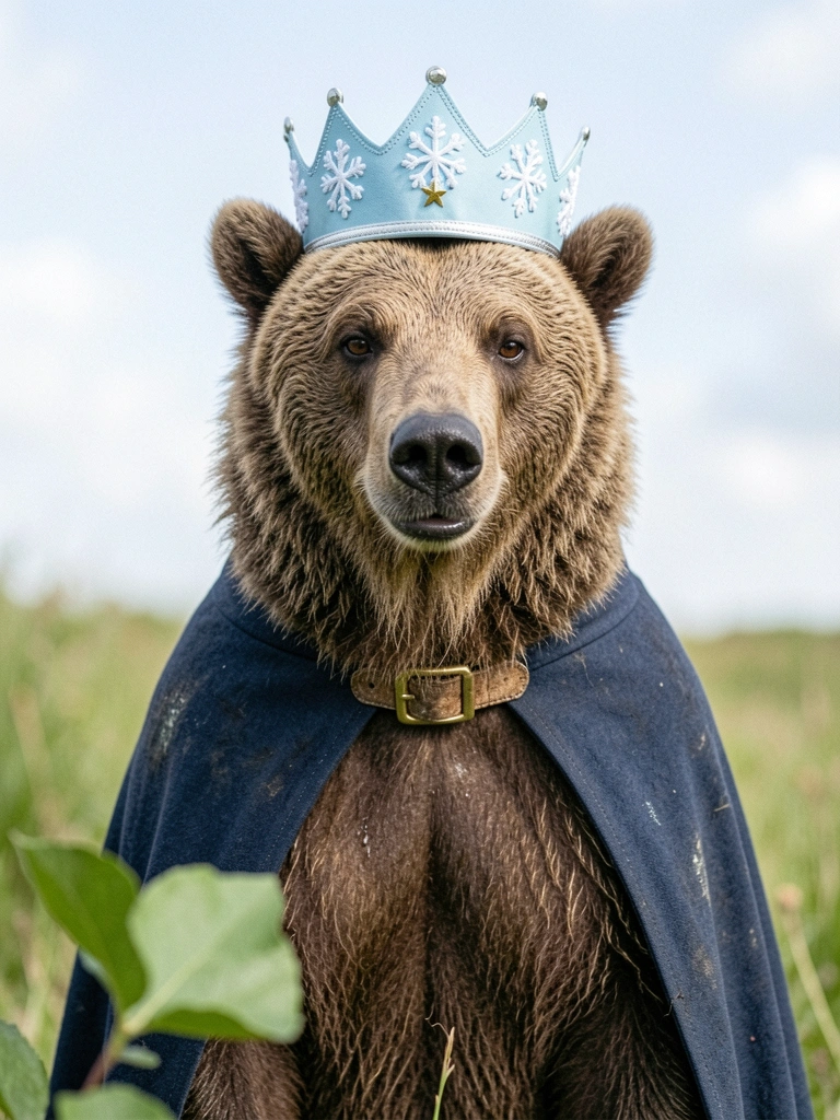 Urso selvagem com coroa dourada, olhar firme, fundo escuro
