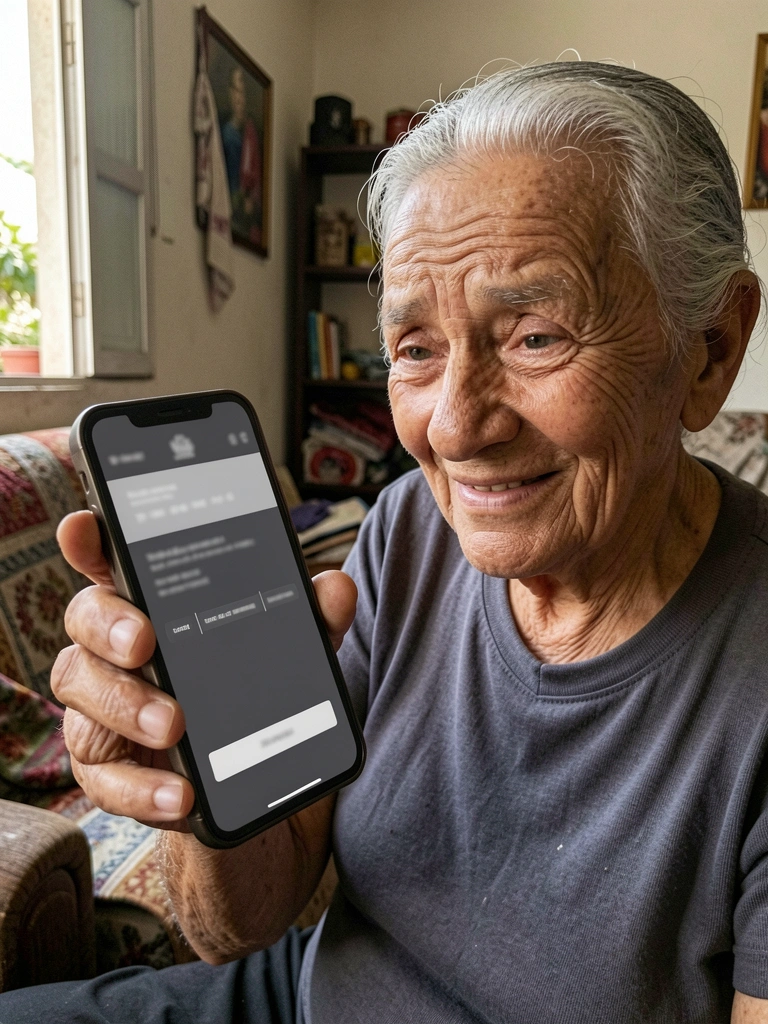 Idoso segurando celular com expressão de dúvida, olhando para a tela