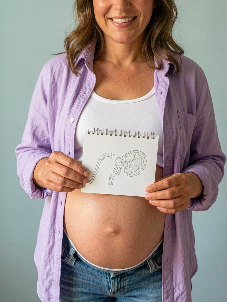 Desenho esquemático da tuba uterina e ovário com indicações anatômicas