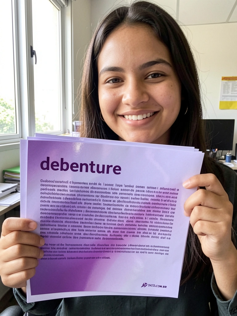 Empresa entrega um documento de título de dívida a um investidor, com gráficos ao fundo.