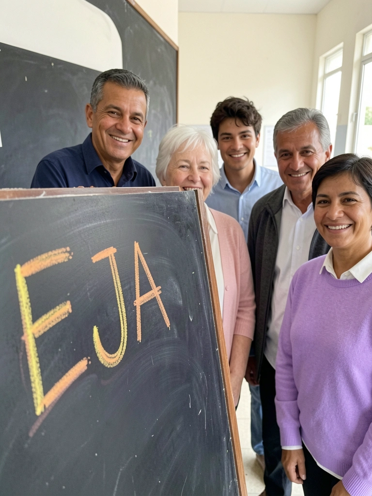 Giz escrevendo EJA em quadro negro com alunos ao fundo