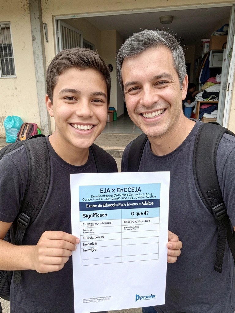 Jovem e adulto com mochilas em frente a uma escola, conversando.