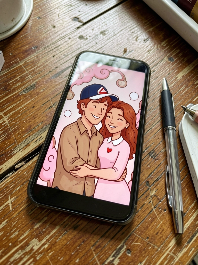 Caneta sobre tela de celular com personagens fictícios desenhados