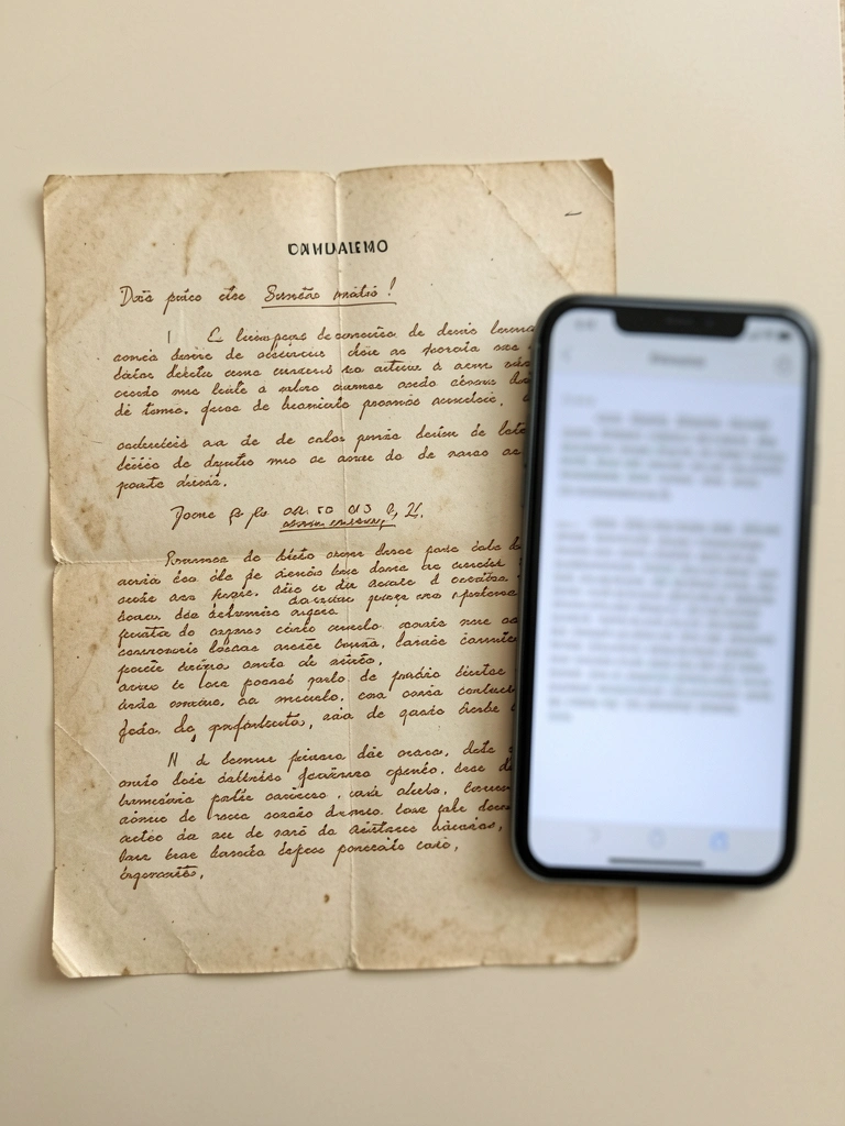 Folha de papel ao lado de um bloco de texto em uma tela digital