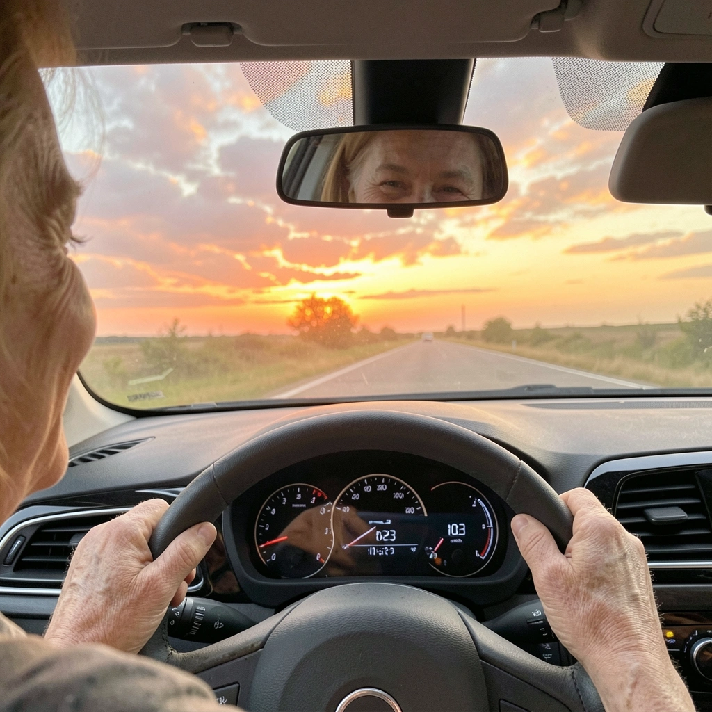 Vista pelo espelho retrovisor de um carro, motorista ao volante em estrada ao pôr do sol.