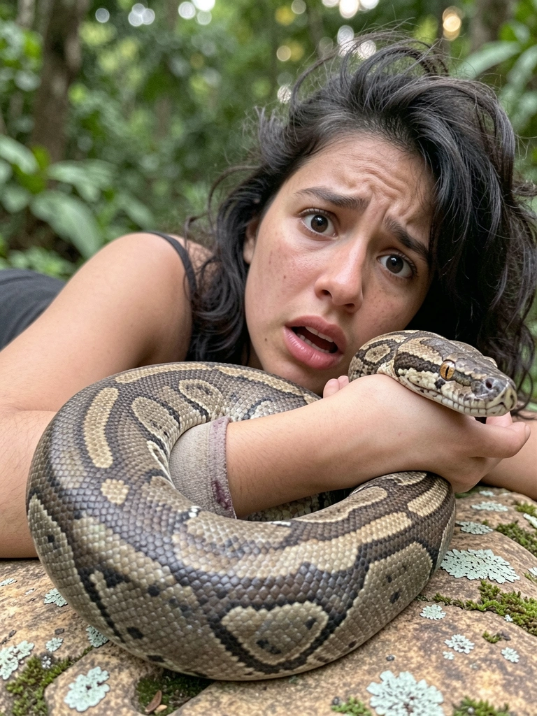 Pessoa acordando assustada na cama, com uma cobra enrolada no braço