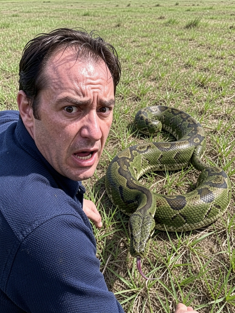 Pessoa correndo em campo aberto, olhando para trás, com cobra no chão