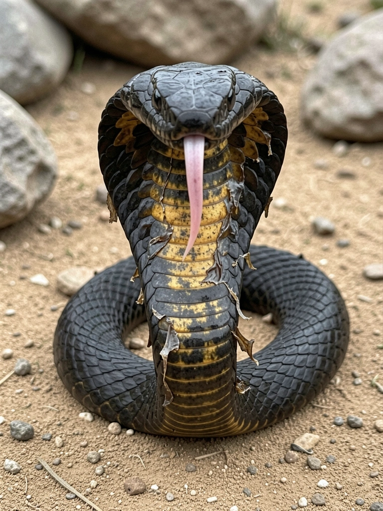 Cobra dourada trocando de pele sobre superfície escura