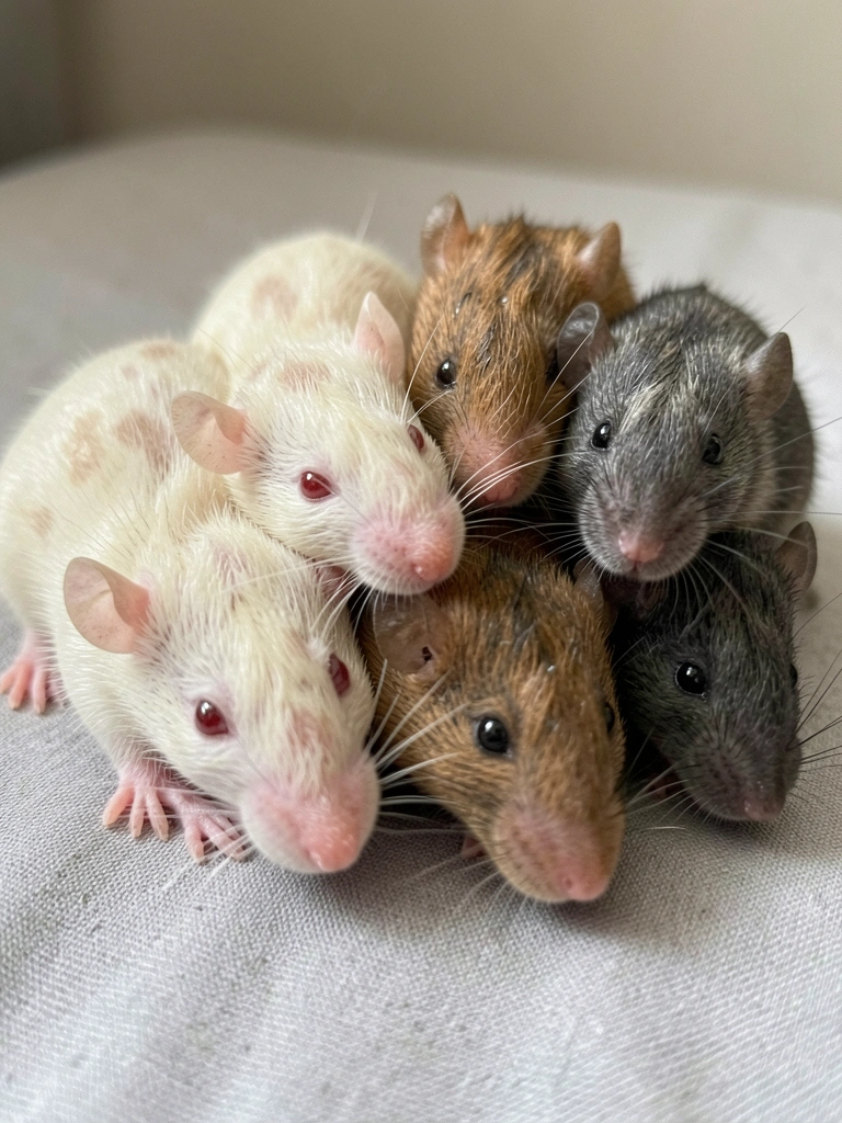 Filhotes de ratos de cores variadas sobre fundo neutro