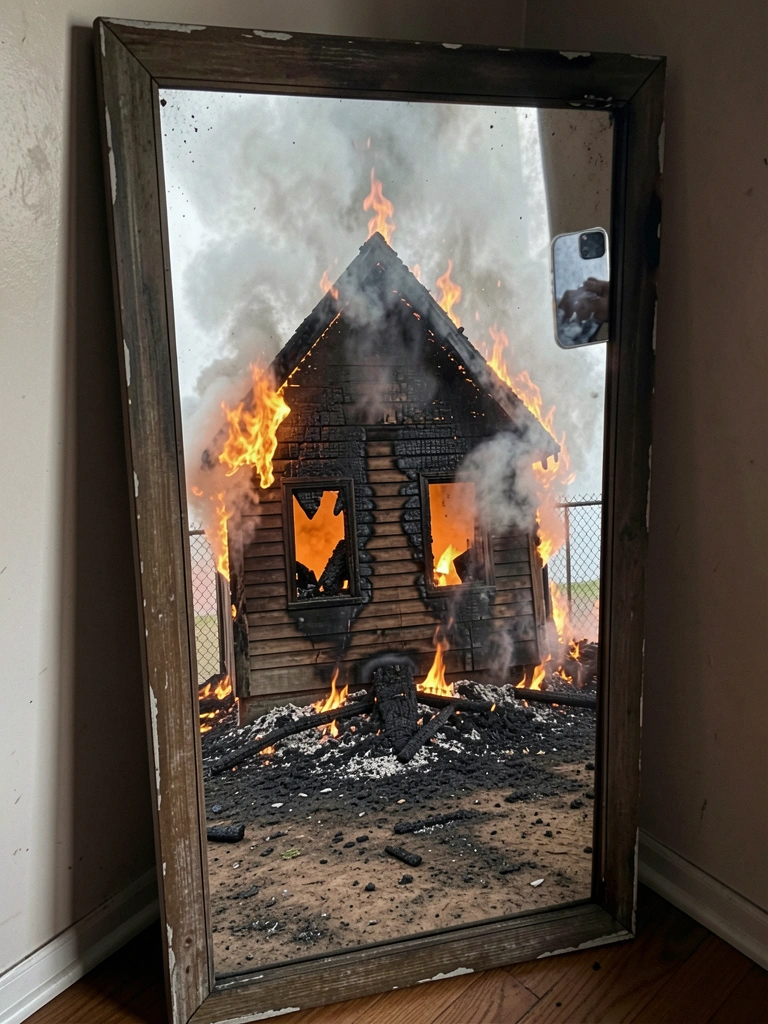 Reflexo de uma casa em chamas em um espelho