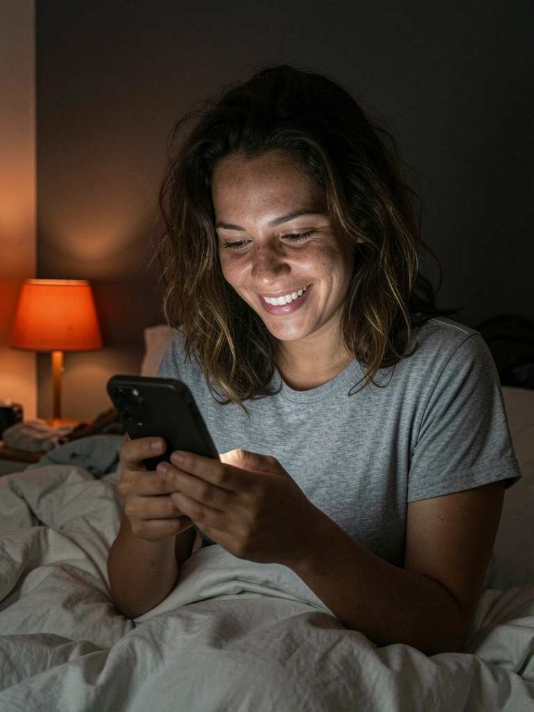 Mulher acordando assustada na cama, olhando para o celular