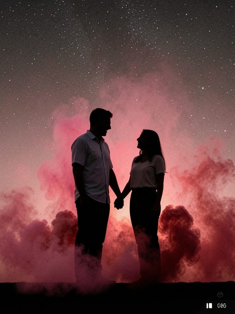 Casal conversando ao longe, envolto em névoa, em ambiente urbano desfocado