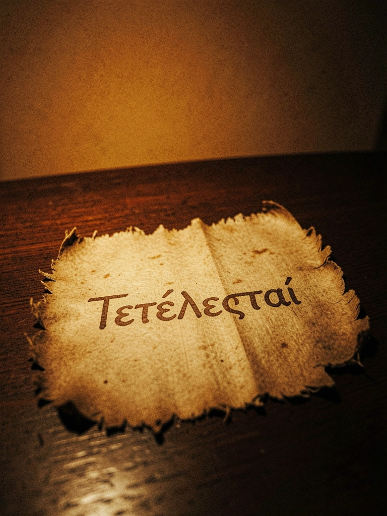 Papiros antigos com a palavra grega Τετέλεσται visível em letras manuscritas.