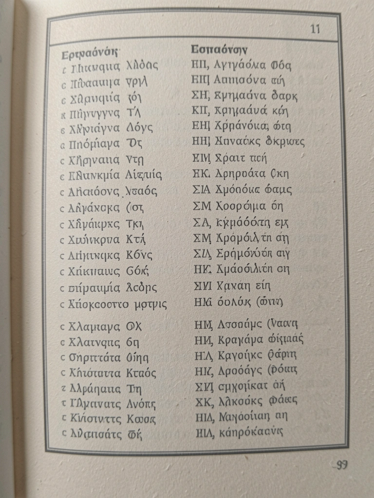 Tabela de conjugação verbal grega com verbos e tempos listados em colunas.