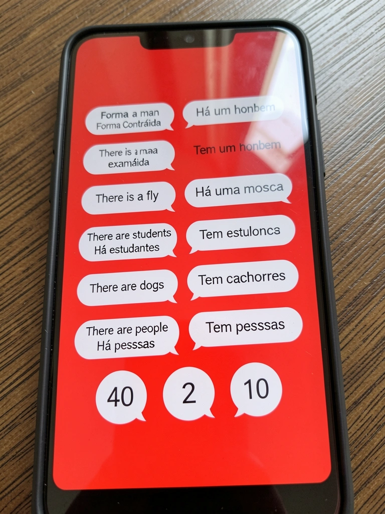 Quadro comparativo com balões de diálogo mostrando frases em inglês e português sobre