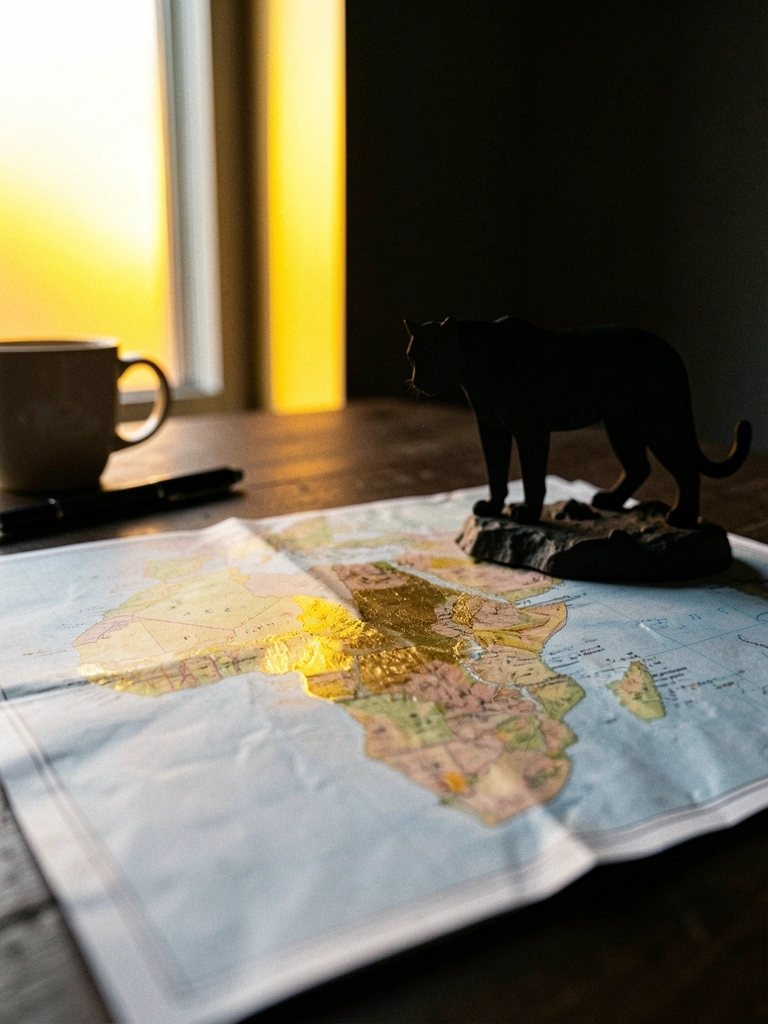 Mapa da África com um reino fictício destacado em dourado