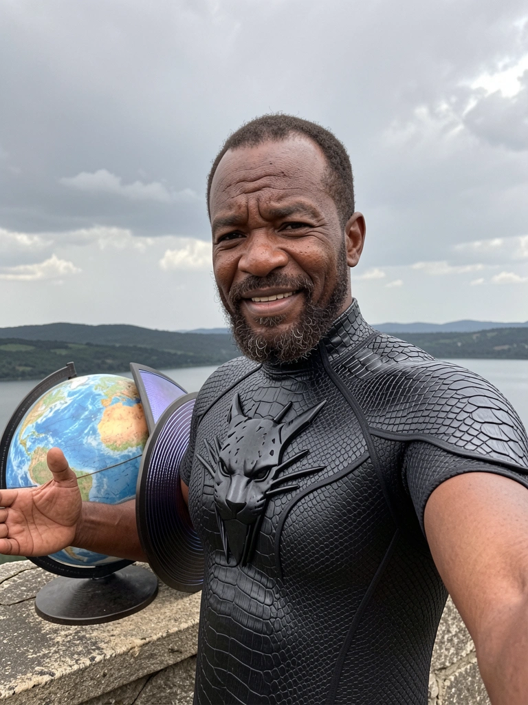Globo terrestre com a África subsaariana em destaque e um escudo de vibranium