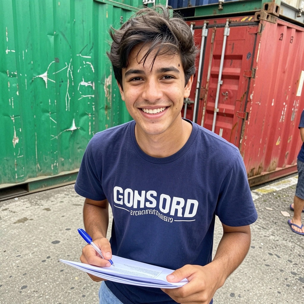 Estudante sorridente de bermuda e chinelo segurando um documento