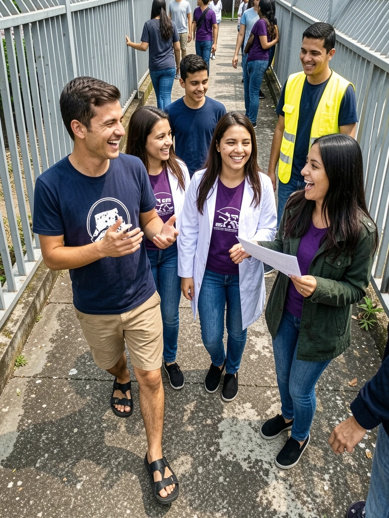 Grupo de jovens conversando animadamente em uma sala de aula