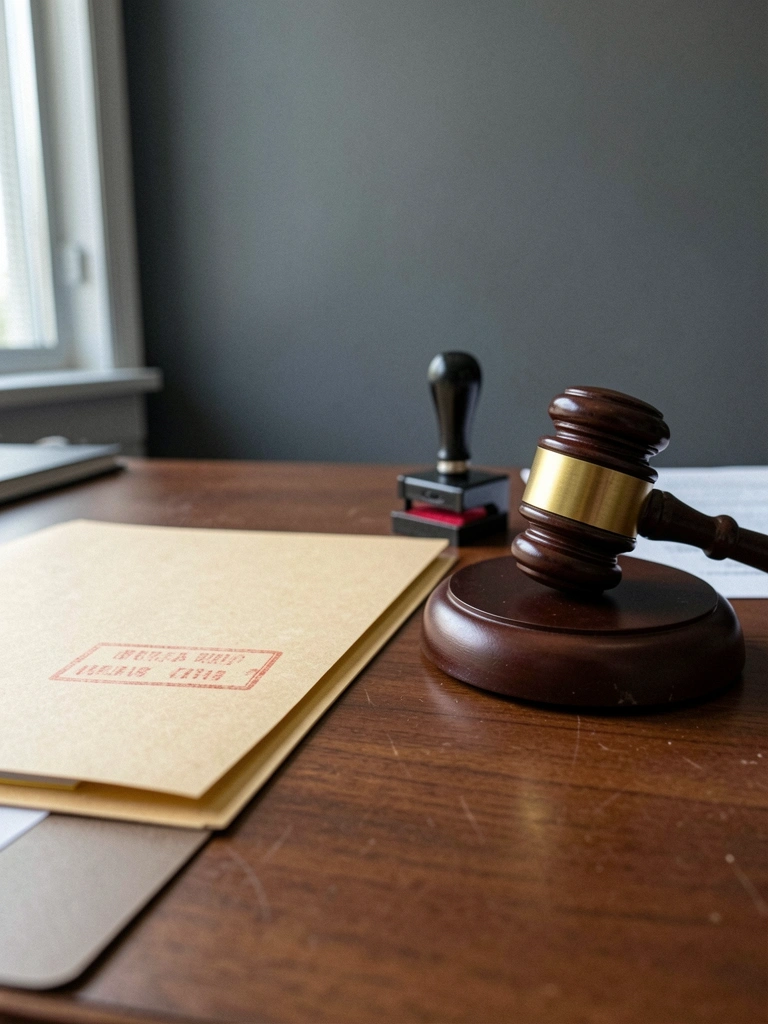 Carimbo de baixa sobre documento judicial com balança da justiça ao fundo