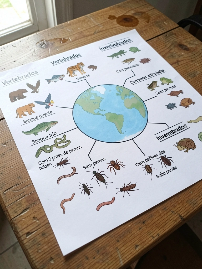 Planeta Terra com silhuetas de animais ao redor em estilo infográfico
