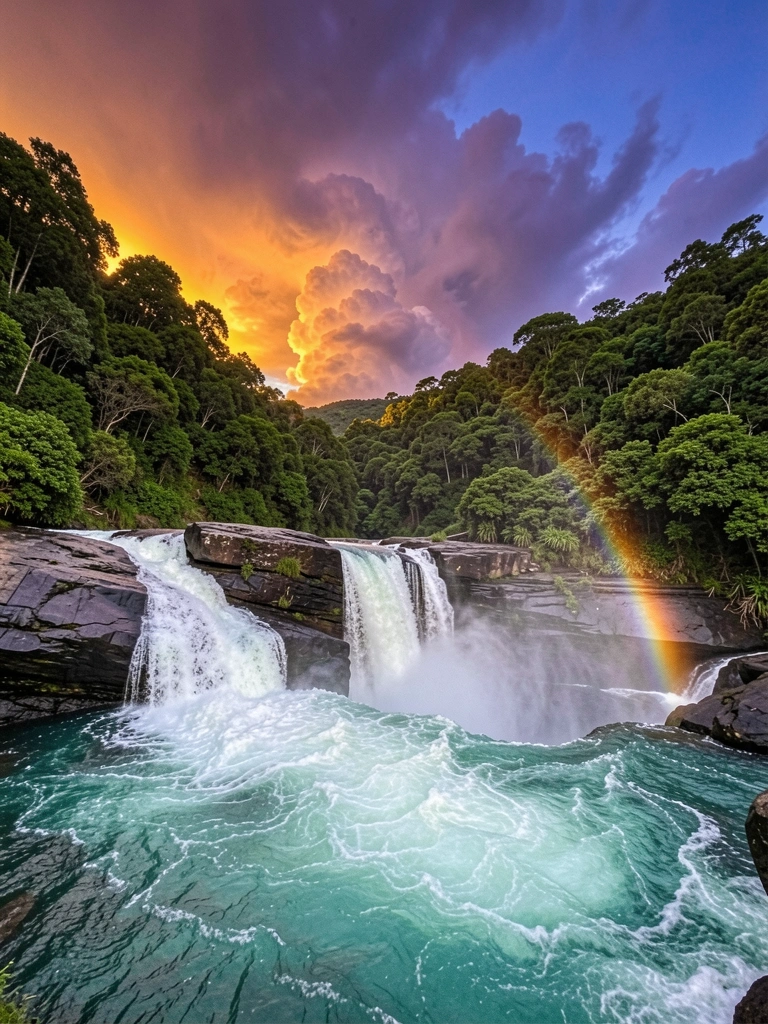 Cachoeira com águas cristalinas em meio à floresta verde, arco-íris formado pela névoa