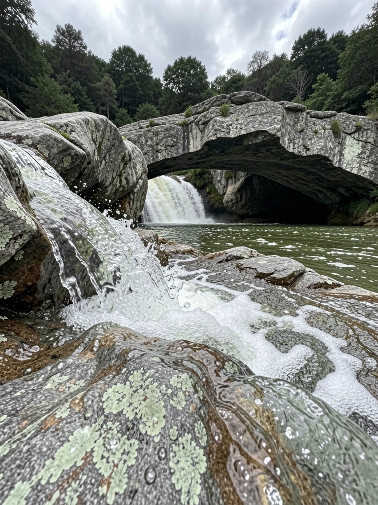 Água límpida caindo sobre pedras, com gotas brilhantes em primeiro plano