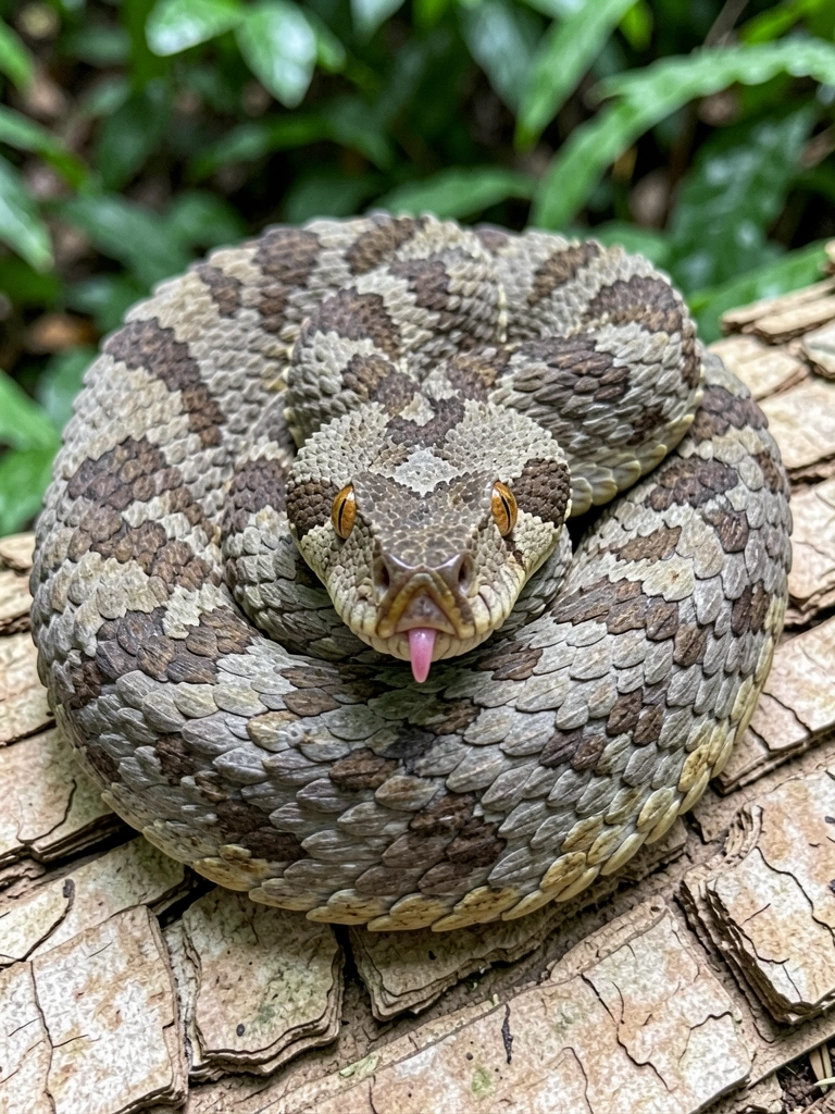 Cobra jararaca camuflada entre folhas secas, olhos brilhantes à luz baixa.