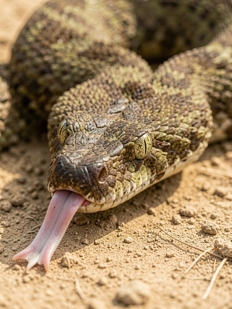 Cobra jararaca em posição de ataque sobre solo seco e pedregoso